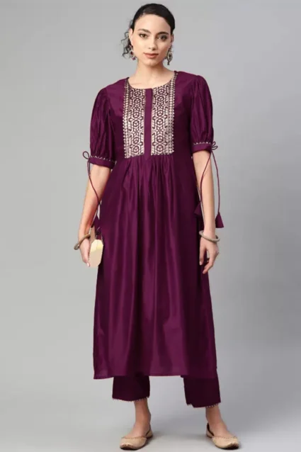 Women's Kurti Pant Set In Wine Shade