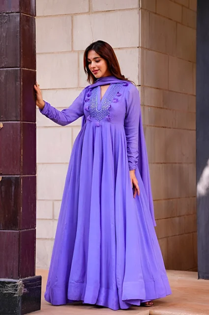 Women's Long Anarkali Suit Set With Churidar Sleeves