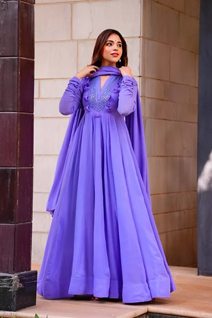 Women's Long Anarkali Suit Set With Churidar Sleeves