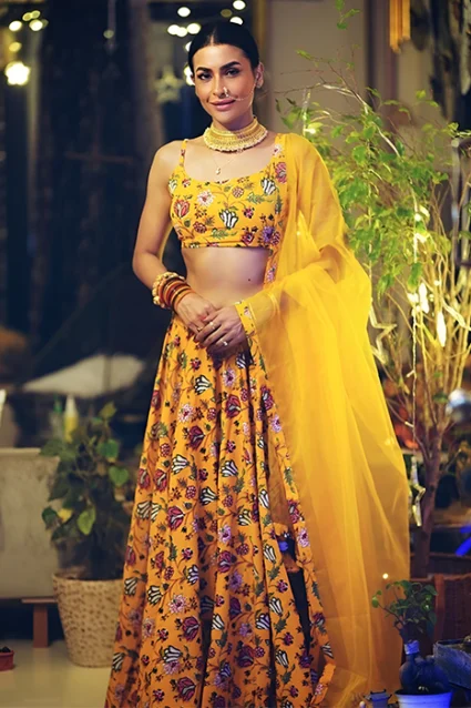 Yellow Georgette Printed Lehenga With Crop Top And Dupatta For Haldi