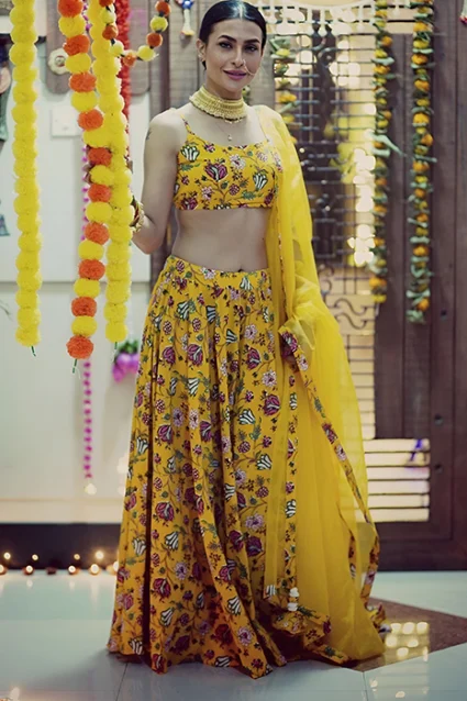Yellow Georgette Printed Lehenga With Crop Top And Dupatta For Haldi