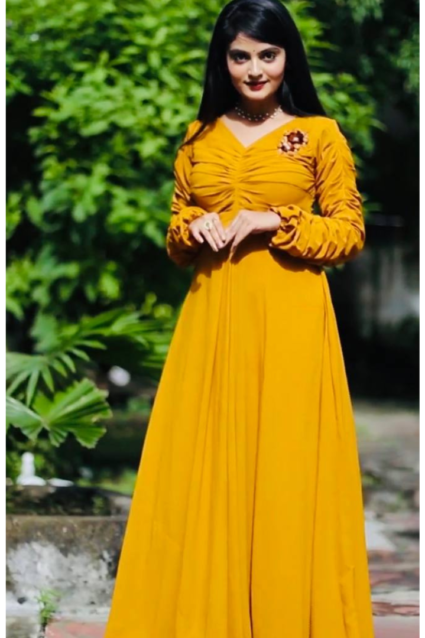 Haldi Special Mustard Yellow Flared Gown For Bridesmaid