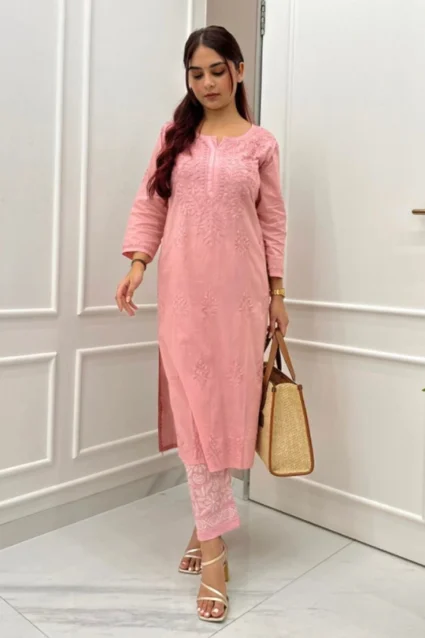 2-Piece Peach Suit Set With Embroidery Work For Office Wear 2-Piece Peach Suit Set With Embroidery Work For Office Wear