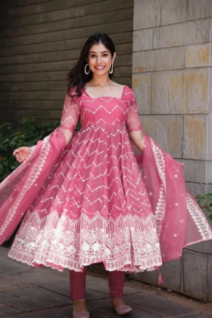 Adorable Organza Anarkali Suit Set In Pink Color For Girls Adorable Organza Anarkali Suit Set In Pink Color For Girls