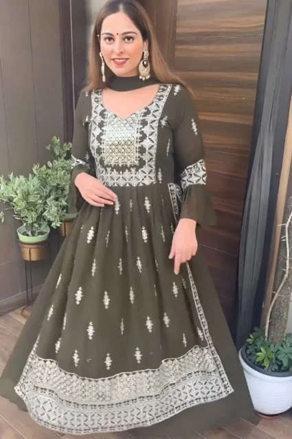 Beautiful Mehendi Color Long Kurti And Palazzo Set For Women Beautiful Mehendi Color Long Kurti And Palazzo Set For Women