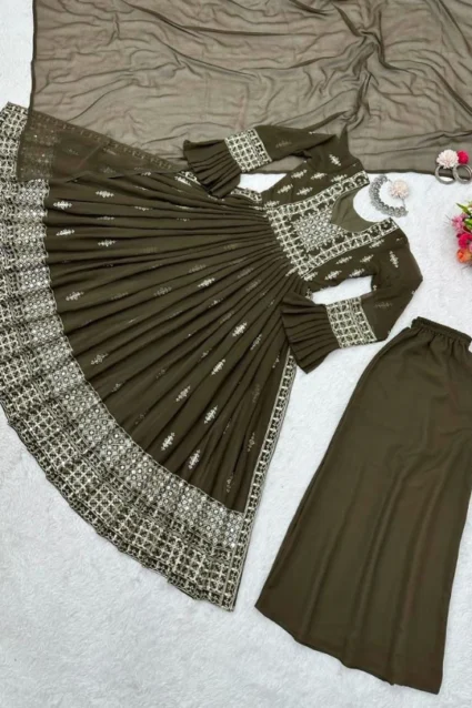 Beautiful Mehendi Color Long Kurti And Palazzo Set For Women Beautiful Mehendi Color Long Kurti And Palazzo Set For Women
