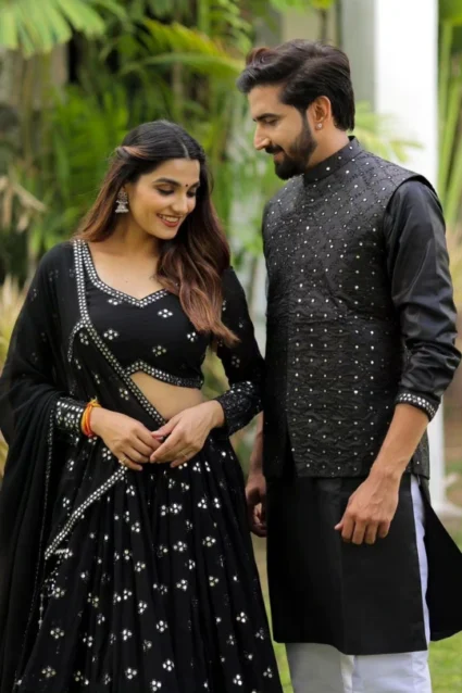 Black Georgette Crop Top Lehenga With Exclusive Mirror Work