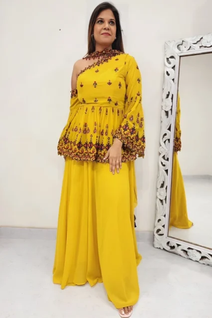 Bright Yellow Embroidered Top With Palazzo And Dupatta
