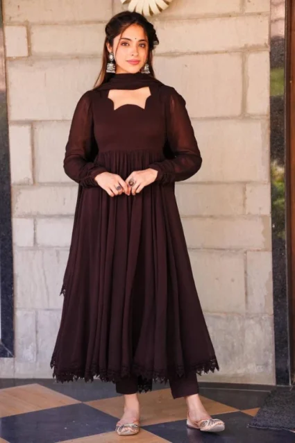 Brown Full Sleeved Anarkali Suit With Lace Borders For Women Brown Full Sleeved Anarkali Suit With Lace Borders For Women