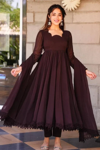 Brown Full Sleeved Anarkali Suit With Lace Borders For Women Brown Full Sleeved Anarkali Suit With Lace Borders For Women
