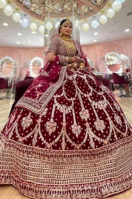 Classic Maroon Bridal Crop Top Lehenga Set For Wedding