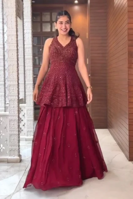 Dark Red Embroidery Work Short Kurti With Lehenga For Girls