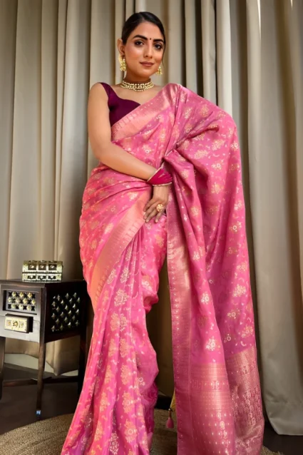 Designer Pink Banarasi Saree With Beautiful Zari Motifs
