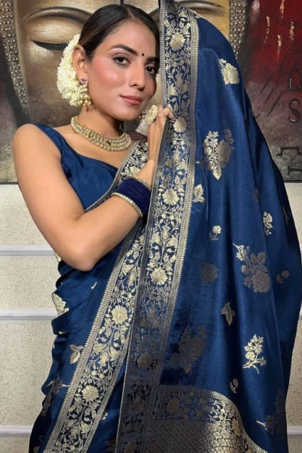 Designer Royal Blue Banarasi Silk Saree For Reception Party