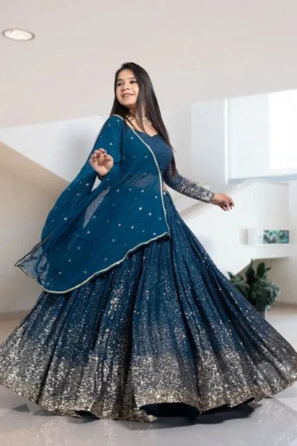 Engagement Ready Shimmery Blue Crop Top Lehenga For Girls