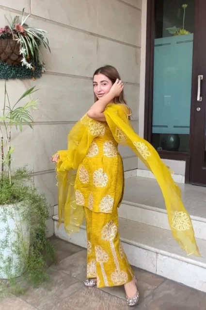 Exquisite Partywear Mustard Yellow Palazzo Set Exquisite Partywear Mustard Yellow Palazzo Set