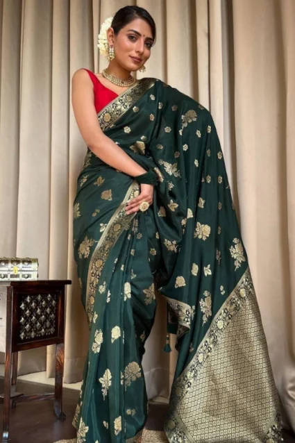 Festive Special Bottle Green Banarasi Silk Saree For Ladies