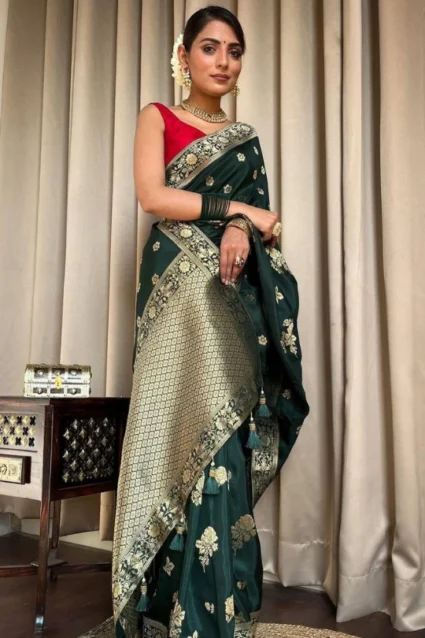 Festive Special Bottle Green Banarasi Silk Saree For Ladies