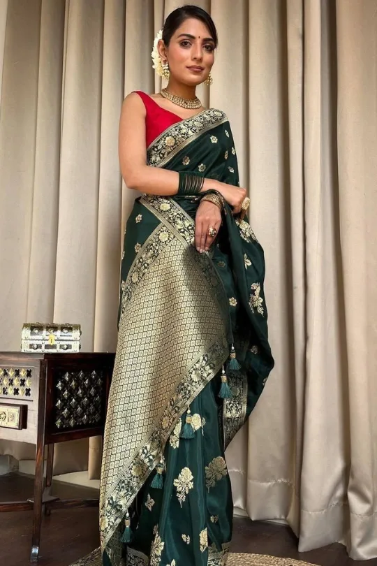 V4M Women's Designer Banarasi Soft Silk Bottle Green Saree With Paisley  Weaving Work With Red Rich