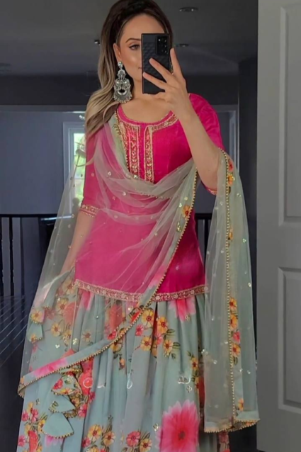 Floral Lehenga With Short Kurti And Dupatta For Girls