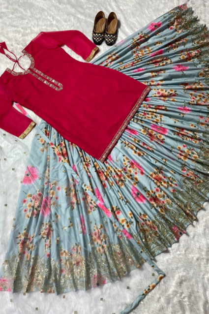 Floral Lehenga With Short Kurti And Dupatta For Girls