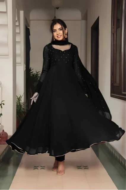 Forever Ethnic Black Georgette Anarkali Dress With Dupatta