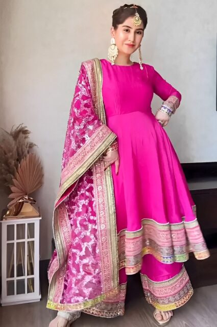 Glamorous Pink Partywear Palazzo Suit Set For Women Glamorous Pink Partywear Palazzo Suit Set For Women