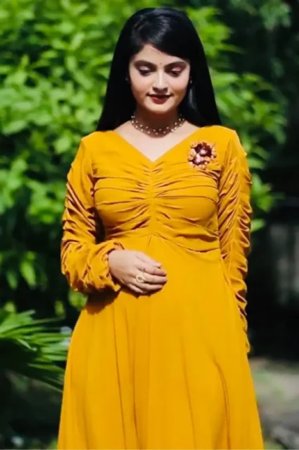 Haldi Special Mustard Yellow Flared Gown For Bridesmaid