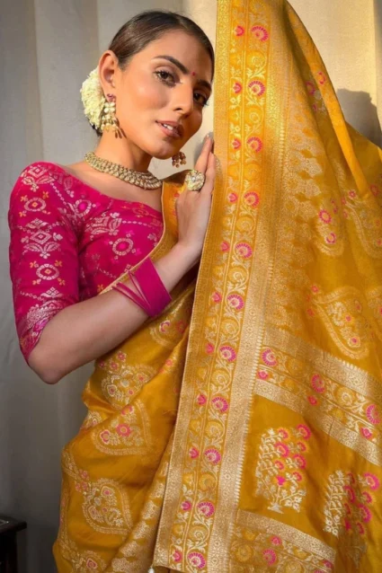 Haldi Wear Mustard Yellow Traditional Banarasi Silk Saree