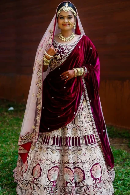Heavily Designed Red Velvet Bridal Crop Top Lehenga