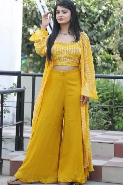 Indo-Western Style Mustard Yellow Sharara Pair Set Indo-Western Style Mustard Yellow Sharara Pair Set