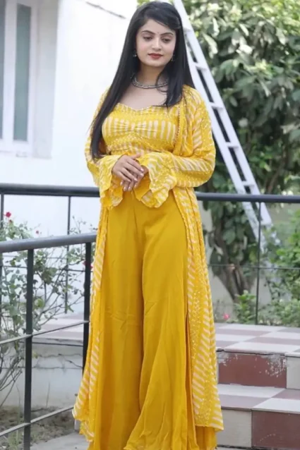 Indo-Western Style Mustard Yellow Sharara Pair Set Indo-Western Style Mustard Yellow Sharara Pair Set