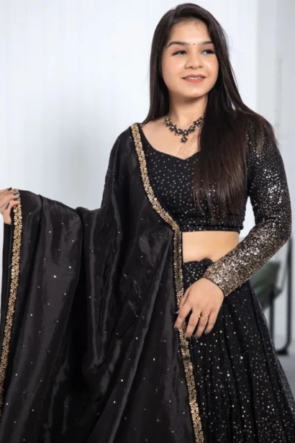 Latest Black Shimmery Crop Top Lehenga For Sangeet Ceremony