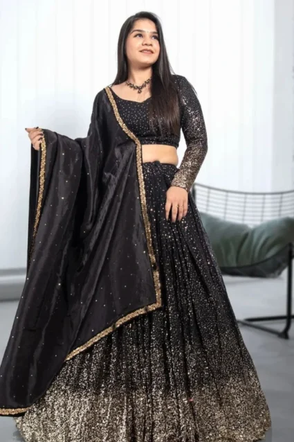 Latest Black Shimmery Crop Top Lehenga For Sangeet Ceremony