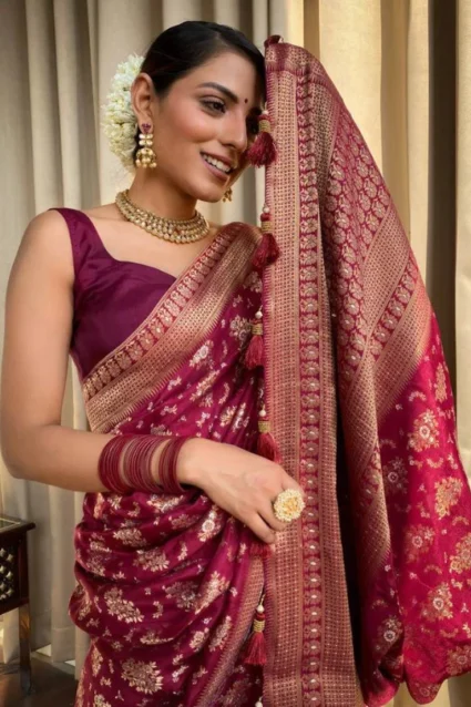 Latest Maroon Banarasi Silk Saree For Women