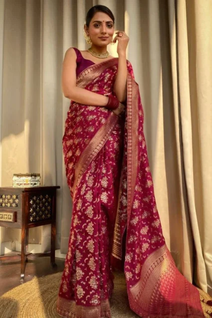 Latest Maroon Banarasi Silk Saree For Women