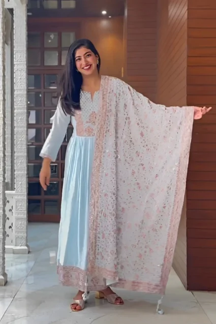 Light Blue Embroidered Anarkali Suit With Dupatta For Women Light Blue Embroidered Anarkali Suit With Dupatta For Women