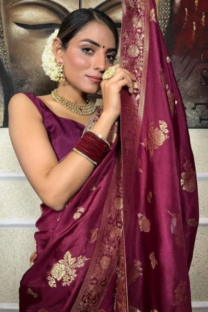 Majestic Wine Color Silk Saree For Festive Celebrations 2023