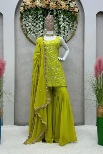 Mehendi Color Embroidered Sharara Suit Set With Dupatta Mehendi Color Embroidered Sharara Suit Set With Dupatta