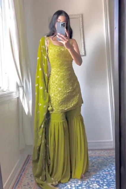 Mehendi Color Embroidered Sharara Suit Set With Dupatta Mehendi Color Embroidered Sharara Suit Set With Dupatta