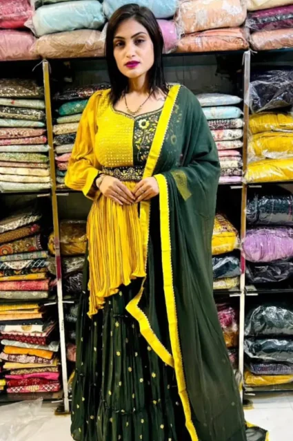 Mehendi Ready Green Crop Top Lehenga Set With Belt For Women