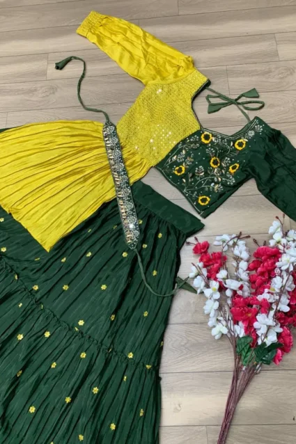 Mehendi Ready Green Crop Top Lehenga Set With Belt For Women