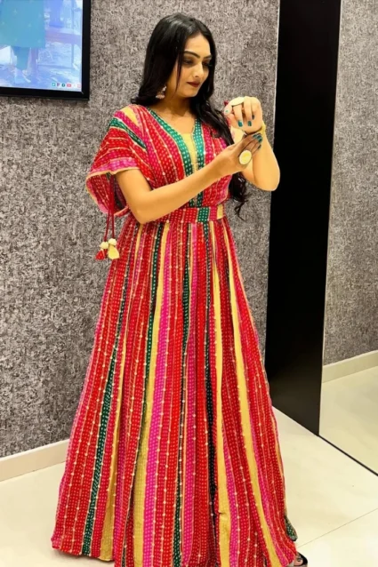 Multicolored Chinon Indo-Western Gown For Women