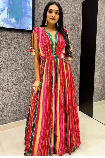 Multicolored Chinon Indo-Western Gown For Women