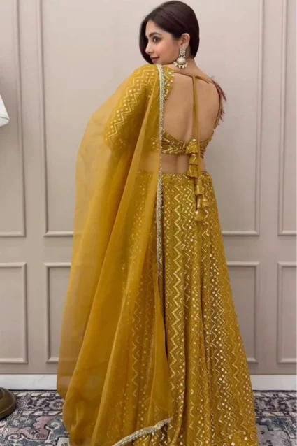 Mustard Yellow Crop Top Lehenga With Dupatta For Haldi 2023