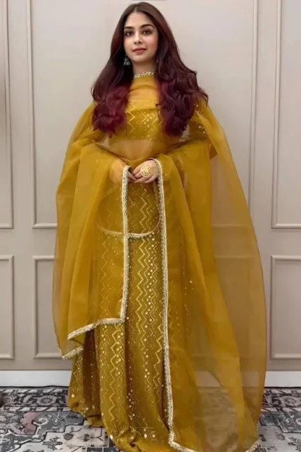 Mustard Yellow Crop Top Lehenga With Dupatta For Haldi 2023