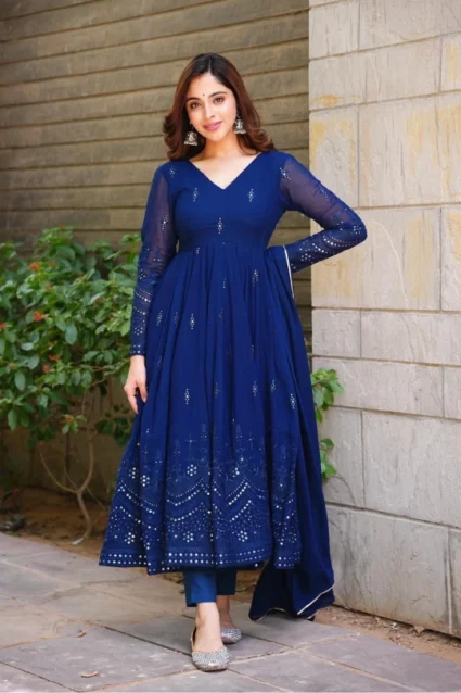 Embellished Blue Long Anarkali Dress With Sequence Work