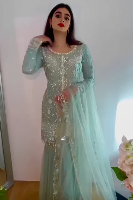 Pakistani Style Sky Blue Sharara Suit With Dupatta Pakistani Style Sky Blue Sharara Suit With Dupatta