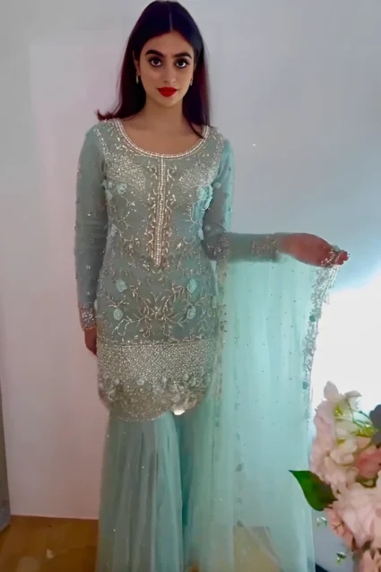 Pakistani Style Sky Blue Sharara Suit With Dupatta Pakistani Style Sky Blue Sharara Suit With Dupatta