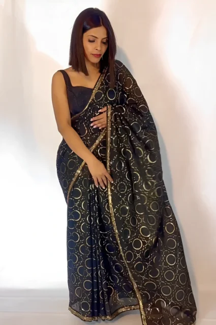 Partywear Black Georgette Saree With Mono Banglori Blouse